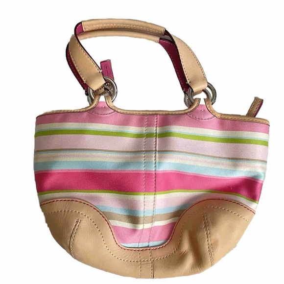 Coach Hampton Soho Multicolor Striped Leather & Canvas Tote w/ Buckle - Picture 2 of 5